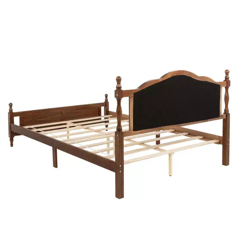 Lit Queen Pine en bois avec tête de lit capitonnée et pied de lit à panneaux