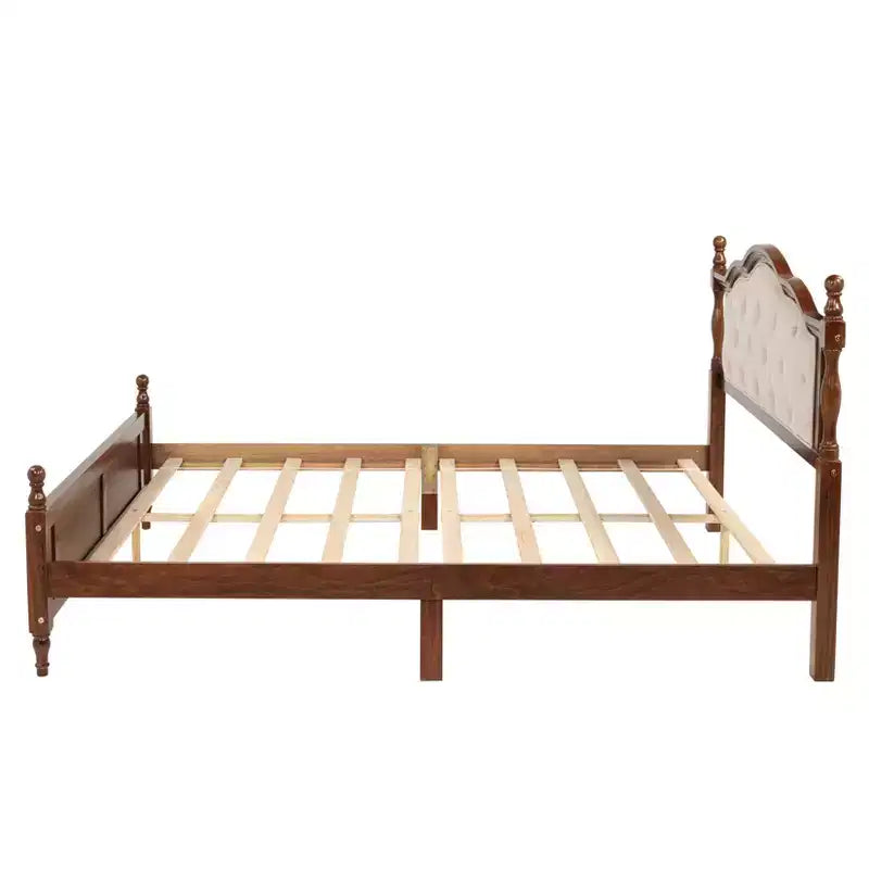 Lit Queen Pine en bois avec tête de lit capitonnée et pied de lit à panneaux