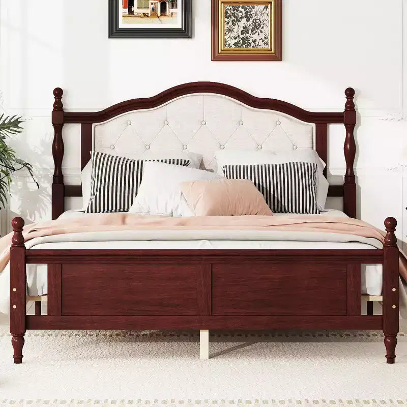 Lit Queen Pine en bois avec tête de lit capitonnée et pied de lit à panneaux
