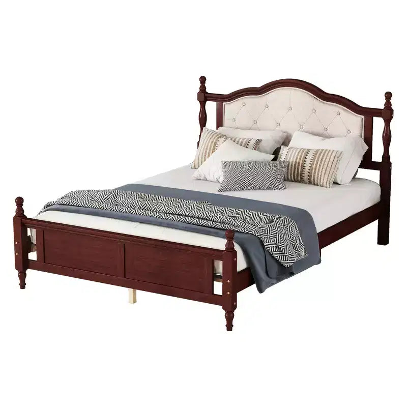 Lit Queen Pine en bois avec tête de lit capitonnée et pied de lit à panneaux