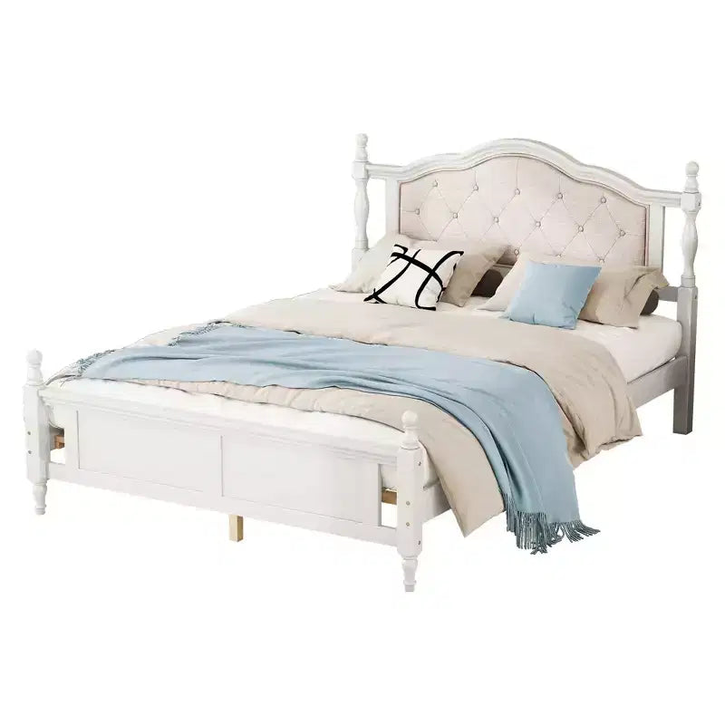 Lit Queen Pine en bois avec tête de lit capitonnée et pied de lit à panneaux
