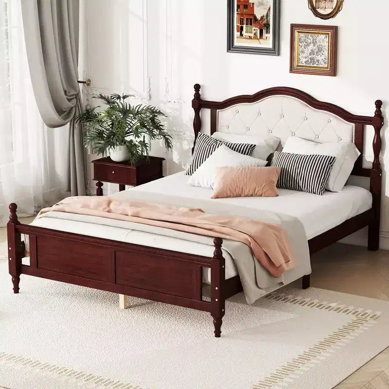 Whisen Queen Pine wooden Bed with Upholstered Headboard and Panel Footboard