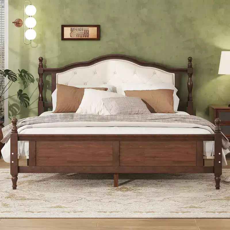 Lit Queen Pine en bois avec tête de lit capitonnée et pied de lit à panneaux