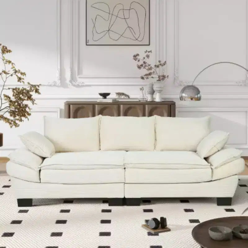 Modern Curved Sofa, Back Upholstered Couch with 2 Decorative Throw Pillows, Corduroy Fabric Couch for Living Room, Bedroom , Apartment