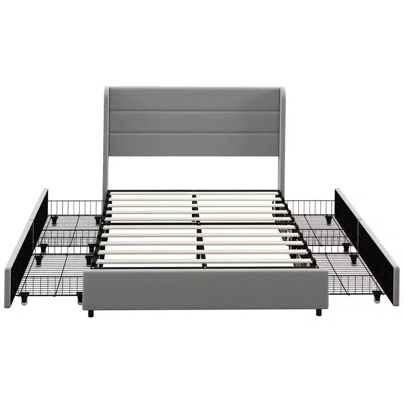 HOMCOM Bed Frame with Headboard, Upholstered Platform Bed Frame with Storage Drawers, Wood Slats, Noise-Free and Easy Assembly, Light Gray