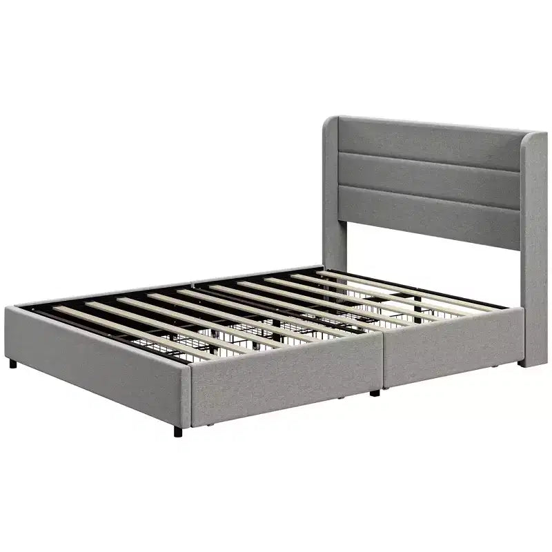 Cadre de lit plateforme rembourré avec tête de lit, tiroirs de rangement, lattes en bois, silencieux, gris clair