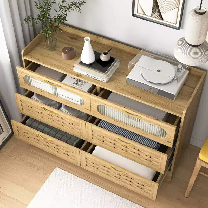 Commode double de ferme avec 6 tiroirs et poignées dorées, 120 cm L