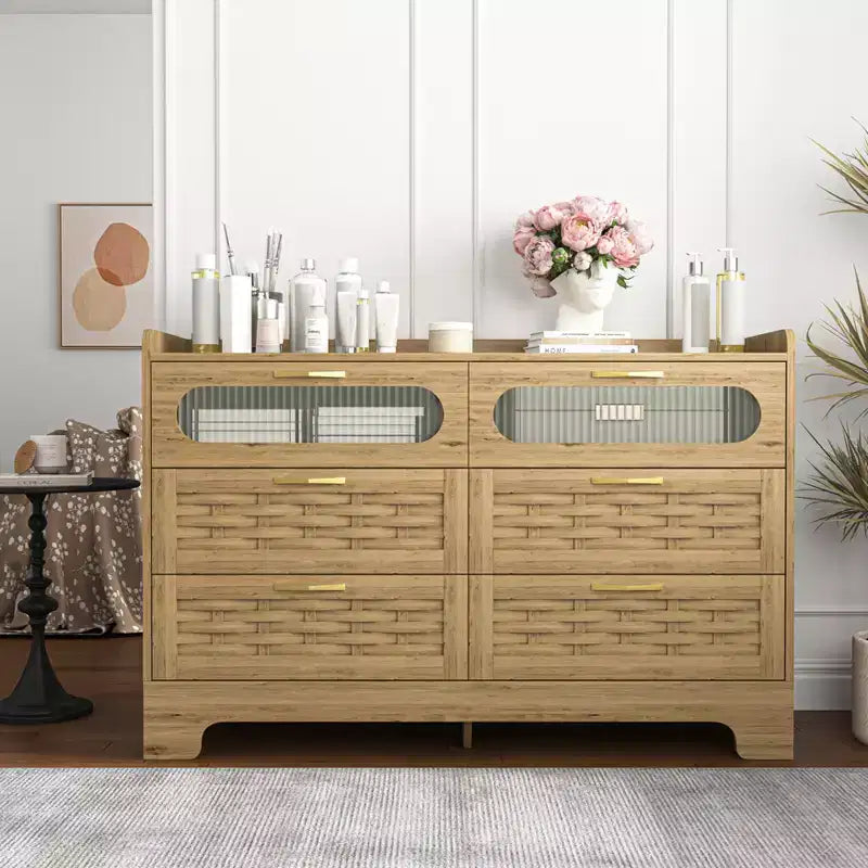 Commode double de ferme avec 6 tiroirs et poignées dorées, 120 cm L