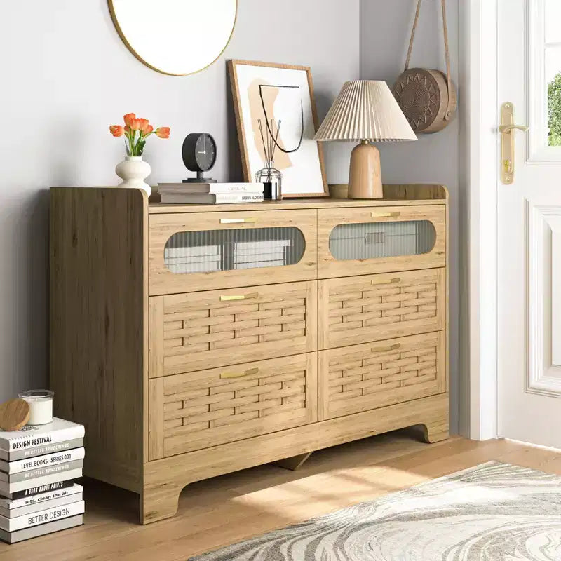 Commode double de ferme avec 6 tiroirs et poignées dorées, 120 cm L