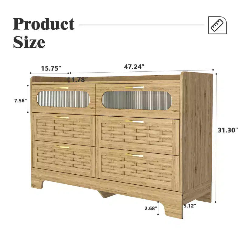 Commode double de ferme avec 6 tiroirs et poignées dorées, 120 cm L