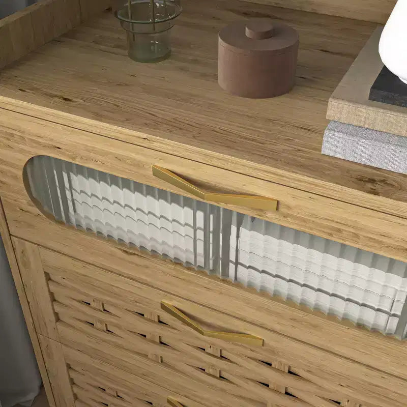 Commode double de ferme avec 6 tiroirs et poignées dorées, 120 cm L