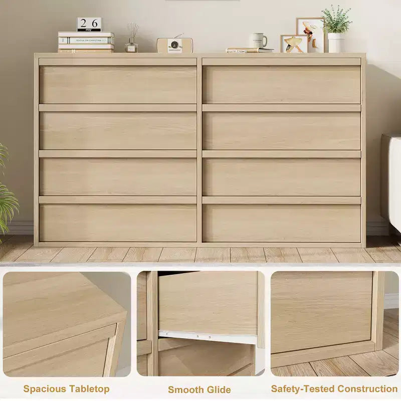 Commode double à 8 tiroirs de 137 cm de large pour chambre à coucher, salon, chambre d'enfant et couloir