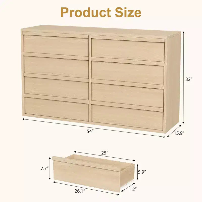 Commode double à 8 tiroirs de 137 cm de large pour chambre à coucher, salon, chambre d'enfant et couloir