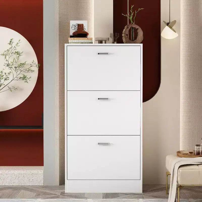 Hitow White Tipping Shoe Cabinet 3-Drawer Minimalist Lightweight Design