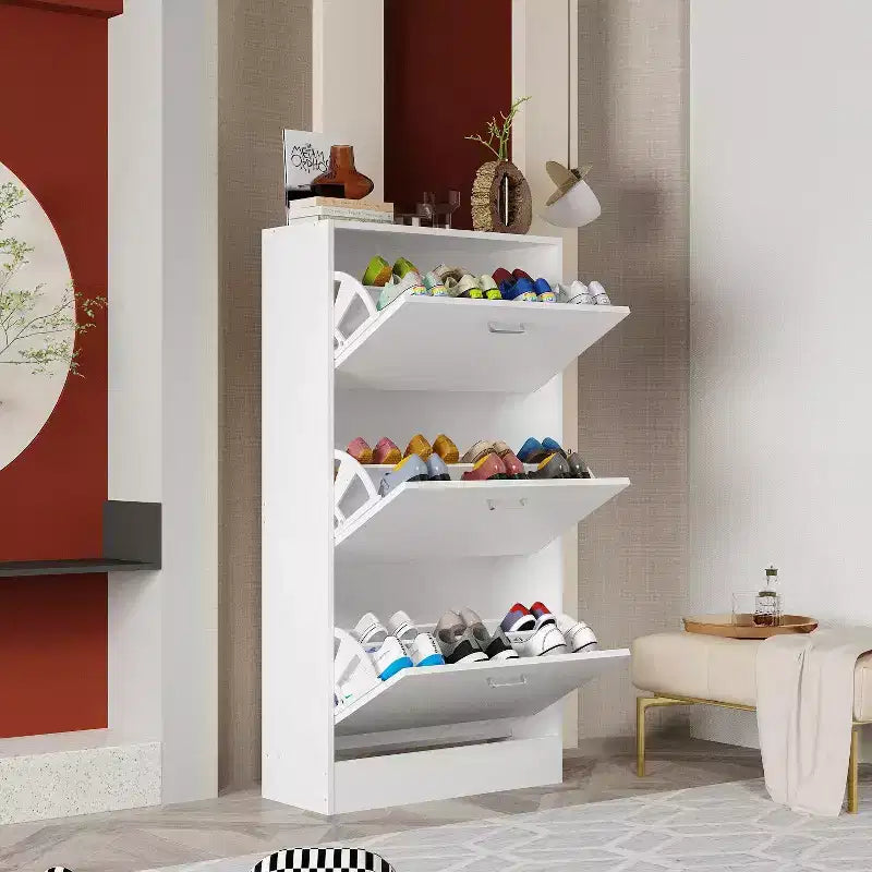 Meuble à chaussures blanc basculant avec 3 tiroirs, design léger et minimaliste