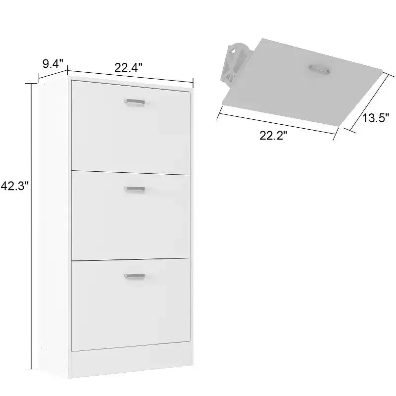 Meuble à chaussures blanc basculant avec 3 tiroirs, design léger et minimaliste