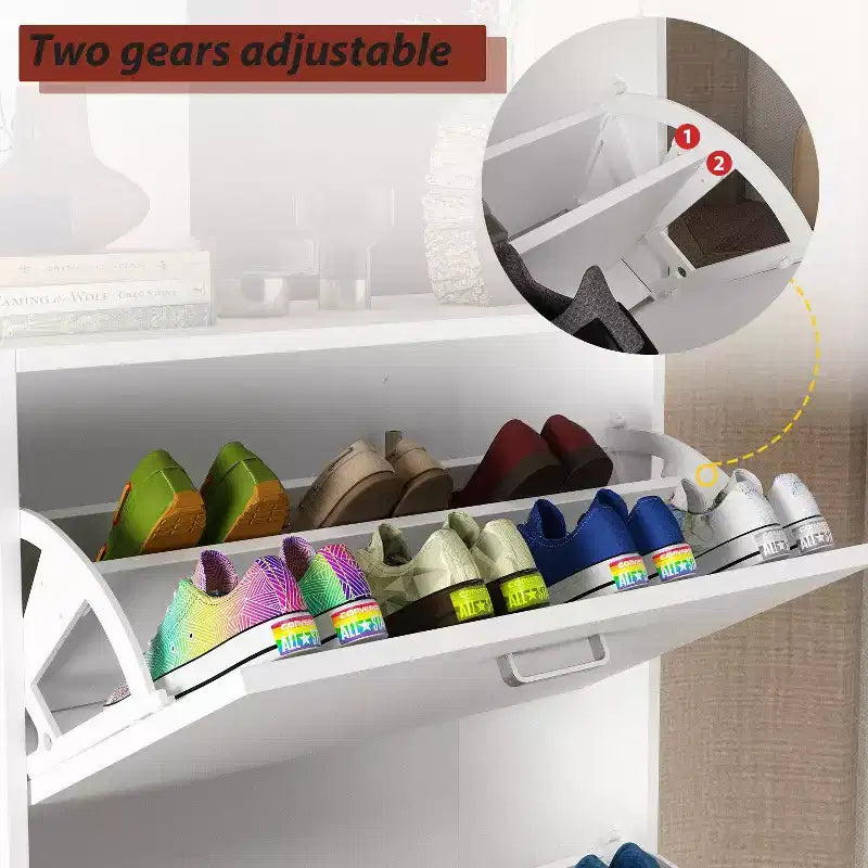 Meuble à chaussures blanc basculant avec 3 tiroirs, design léger et minimaliste