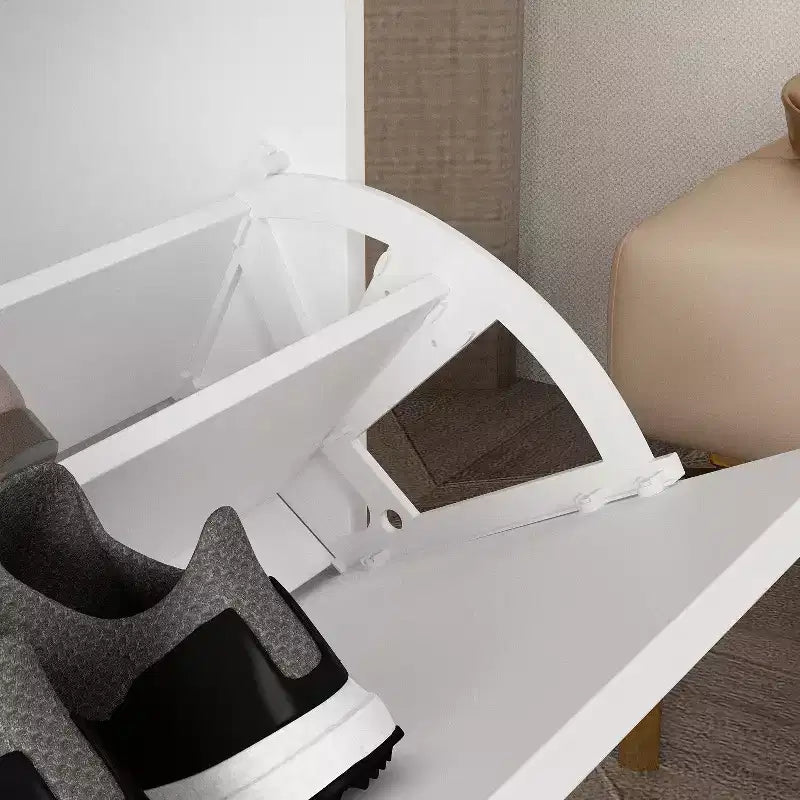 Meuble à chaussures blanc basculant avec 3 tiroirs, design léger et minimaliste