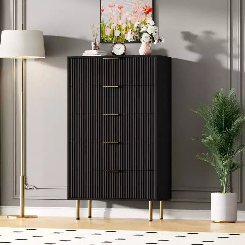 Garvee Fluted Wood Dresser 5 Drawers Dresser for Bedroom, Modern White Tall Dresser with Gold Handle, Wood Drawer Organizer for Living Room, Hallway