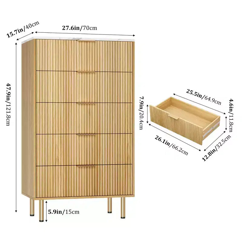 Commode en bois cannelé à 5 tiroirs, commode haute blanche moderne avec poignée dorée pour chambre à coucher, salon, couloir