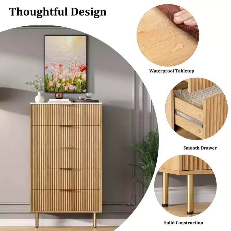 Commode en bois cannelé à 5 tiroirs, commode haute blanche moderne avec poignée dorée pour chambre à coucher, salon, couloir