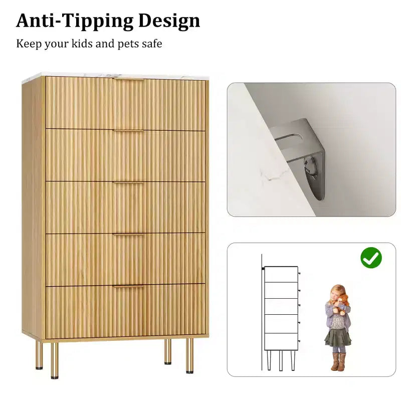 Commode en bois cannelé à 5 tiroirs, commode haute blanche moderne avec poignée dorée pour chambre à coucher, salon, couloir