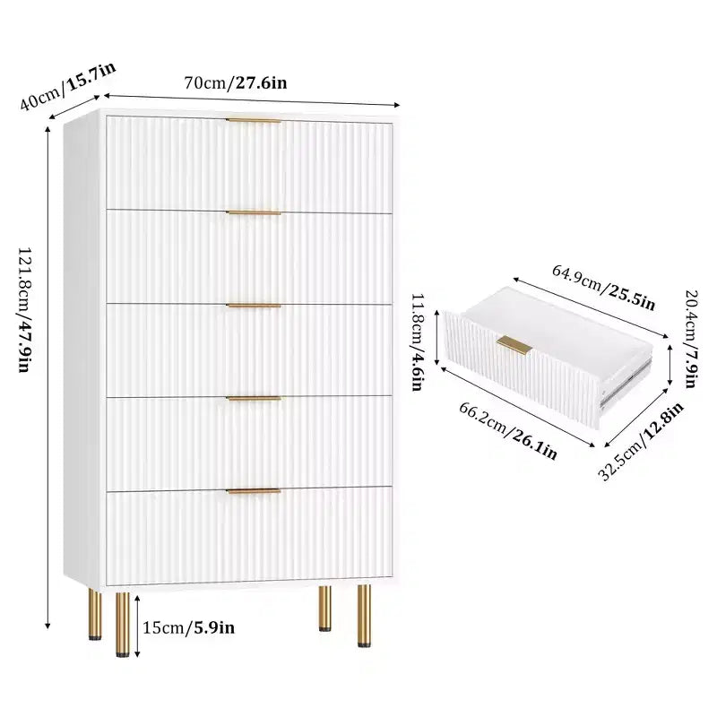 Commode en bois cannelé à 5 tiroirs, commode haute blanche moderne avec poignée dorée pour chambre à coucher, salon, couloir