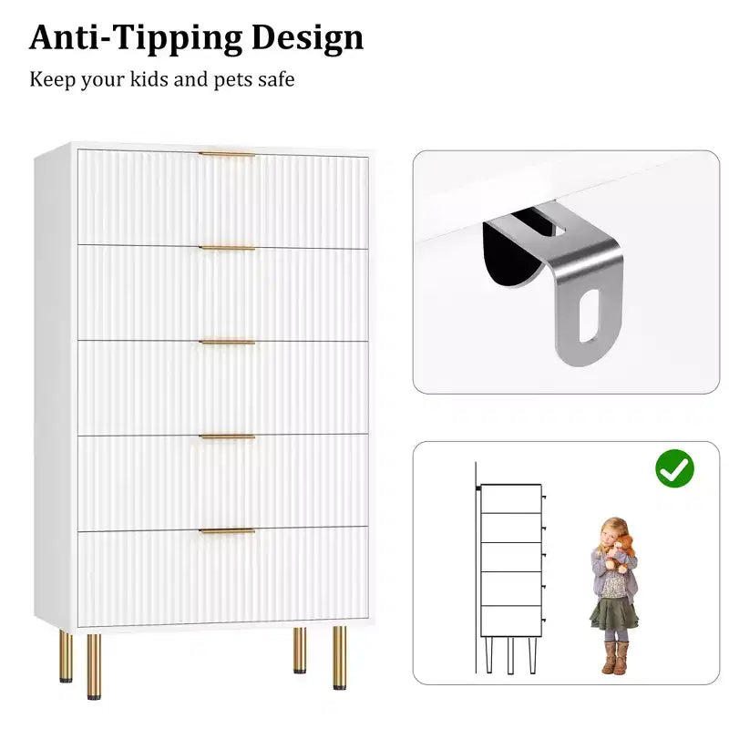 Commode en bois cannelé à 5 tiroirs, commode haute blanche moderne avec poignée dorée pour chambre à coucher, salon, couloir