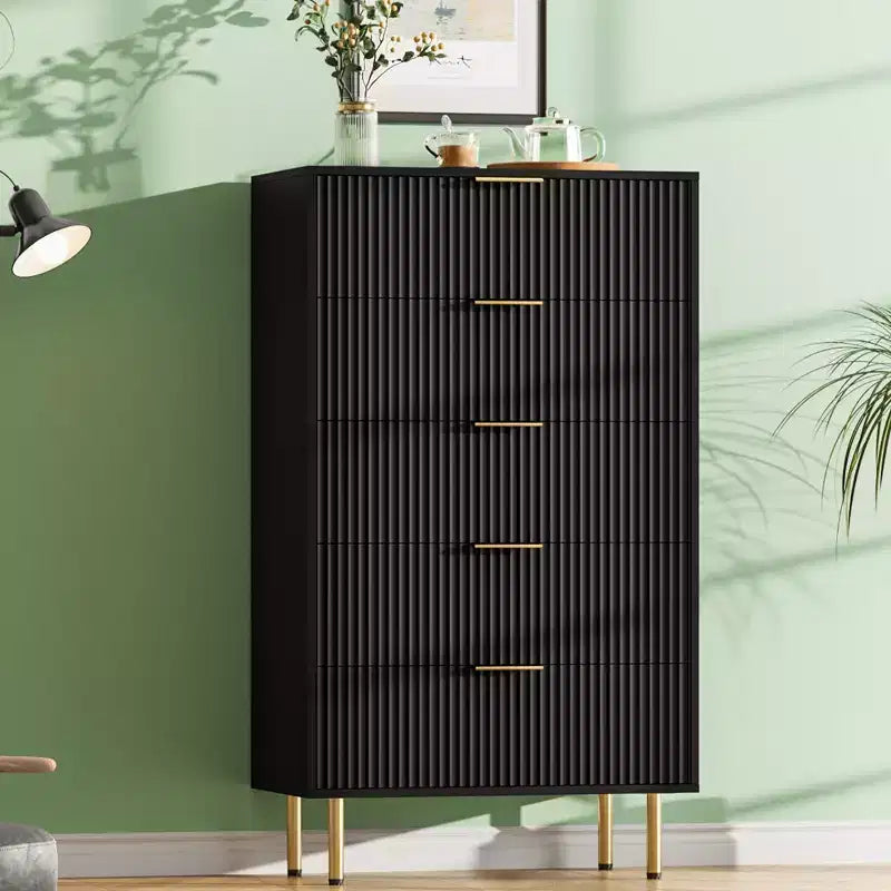 Commode en bois cannelé à 5 tiroirs, commode haute blanche moderne avec poignée dorée pour chambre à coucher, salon, couloir