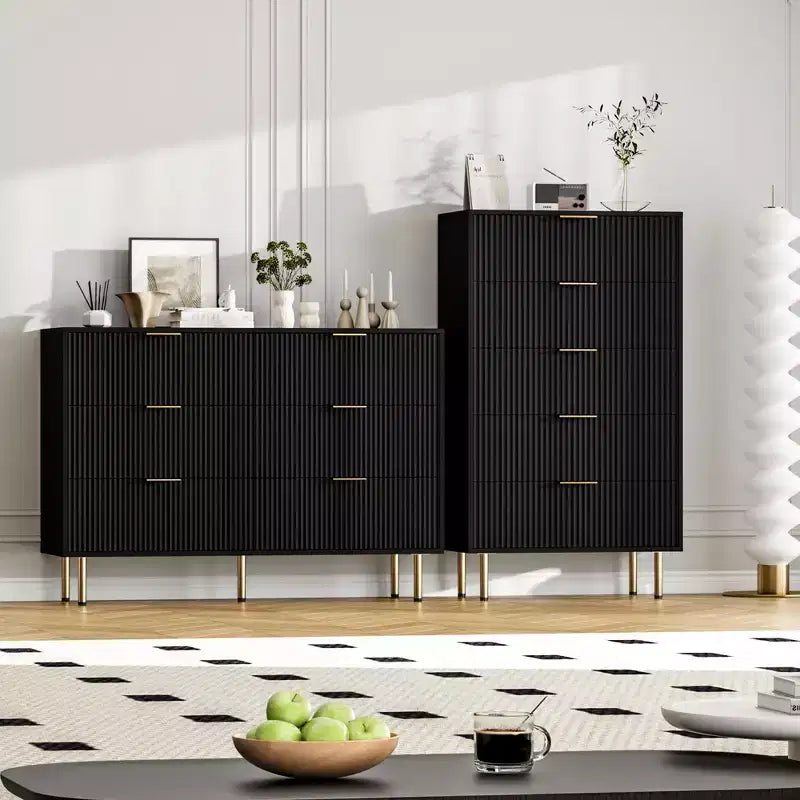 Commode en bois cannelé à 5 tiroirs, commode haute blanche moderne avec poignée dorée pour chambre à coucher, salon, couloir