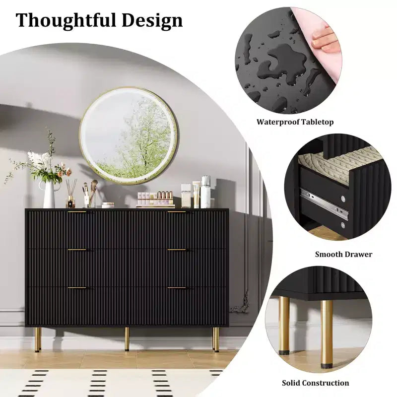 Commode en bois cannelé à 5 tiroirs, commode haute blanche moderne avec poignée dorée pour chambre à coucher, salon, couloir