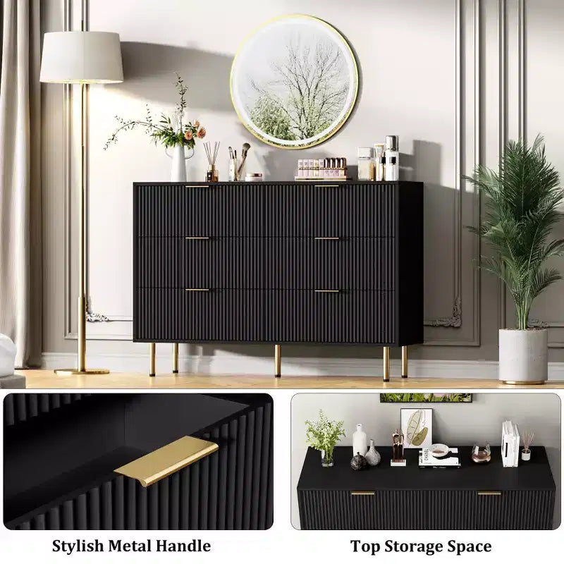 Commode en bois cannelé à 5 tiroirs, commode haute blanche moderne avec poignée dorée pour chambre à coucher, salon, couloir