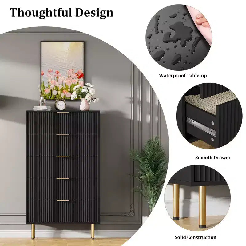 Commode en bois cannelé à 5 tiroirs, commode haute blanche moderne avec poignée dorée pour chambre à coucher, salon, couloir