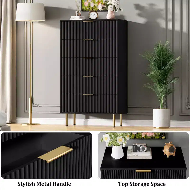 Commode en bois cannelé à 5 tiroirs, commode haute blanche moderne avec poignée dorée pour chambre à coucher, salon, couloir