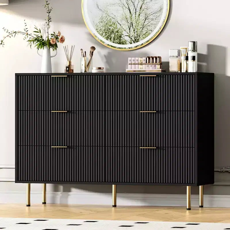 Commode en bois cannelé à 5 tiroirs, commode haute blanche moderne avec poignée dorée pour chambre à coucher, salon, couloir