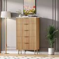 Commode en bois cannelé à 5 tiroirs, commode haute blanche moderne avec poignée dorée pour chambre à coucher, salon, couloir