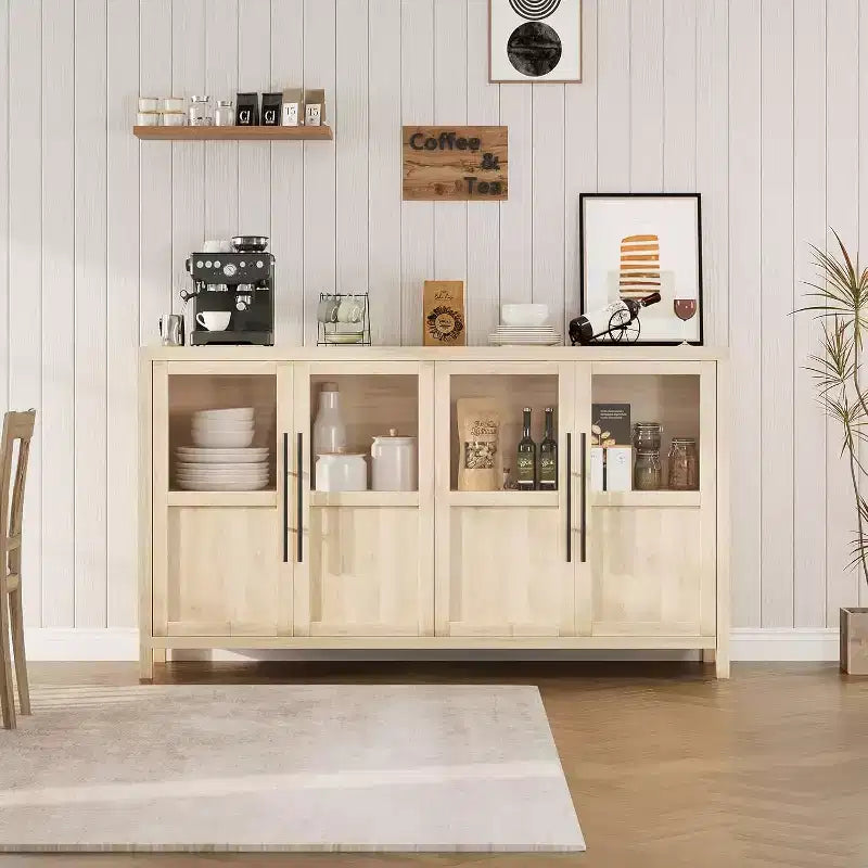 55 Modern Sideboard Buffet Cabinet with 4 Glass Doors snd Storage,for Kitchen Dining Room, Living Room (Glass with 4 Door, Pear Wood)