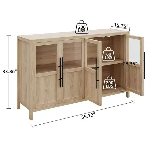 Bahut de 140 cm, meuble de rangement moderne avec 4 portes vitrées et espace de rangement, pour cuisine, salle à manger, salon (Noyer poirier)