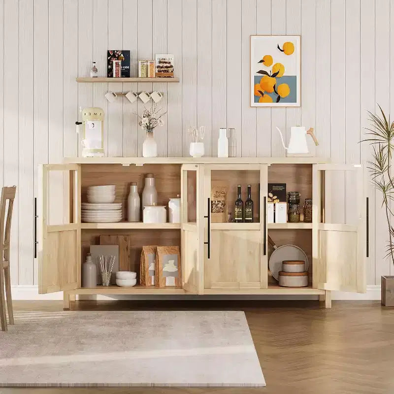 Bahut de 140 cm, meuble de rangement moderne avec 4 portes vitrées et espace de rangement, pour cuisine, salle à manger, salon (Noyer poirier)
