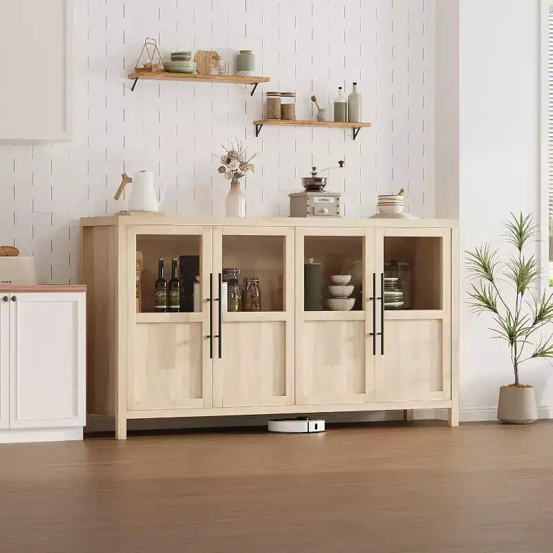 Bahut de 140 cm, meuble de rangement moderne avec 4 portes vitrées et espace de rangement, pour cuisine, salle à manger, salon (Noyer poirier)