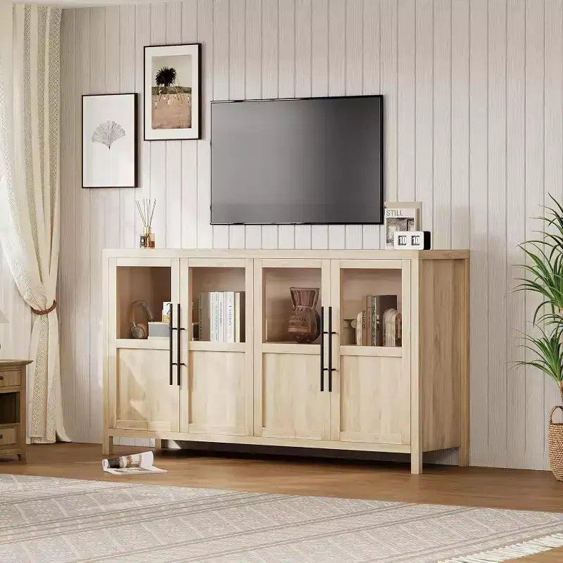 Bahut de 140 cm, meuble de rangement moderne avec 4 portes vitrées et espace de rangement, pour cuisine, salle à manger, salon (Noyer poirier)