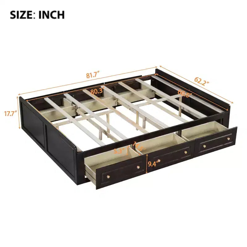Lit plateforme en bois de taille Queen avec 6 tiroirs de rangement