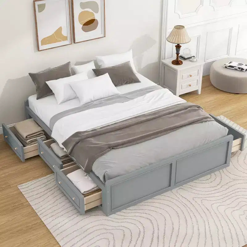 Lit plateforme en bois de taille Queen avec 6 tiroirs de rangement