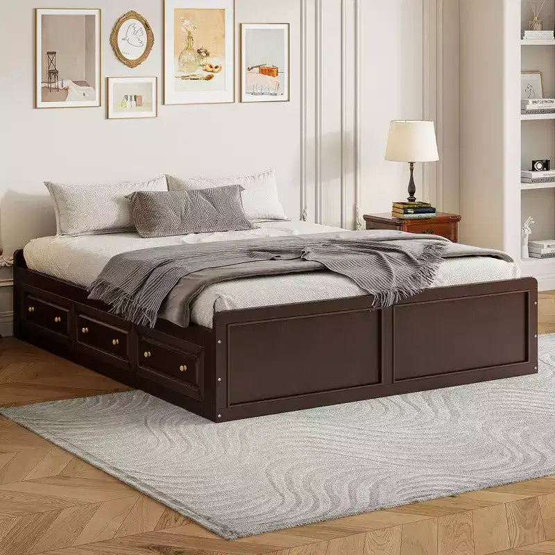 Lit plateforme en bois de taille Queen avec 6 tiroirs de rangement