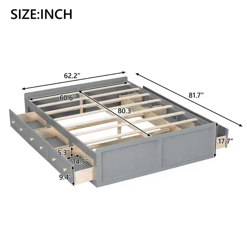 Lit plateforme en bois de taille Queen avec 6 tiroirs de rangement