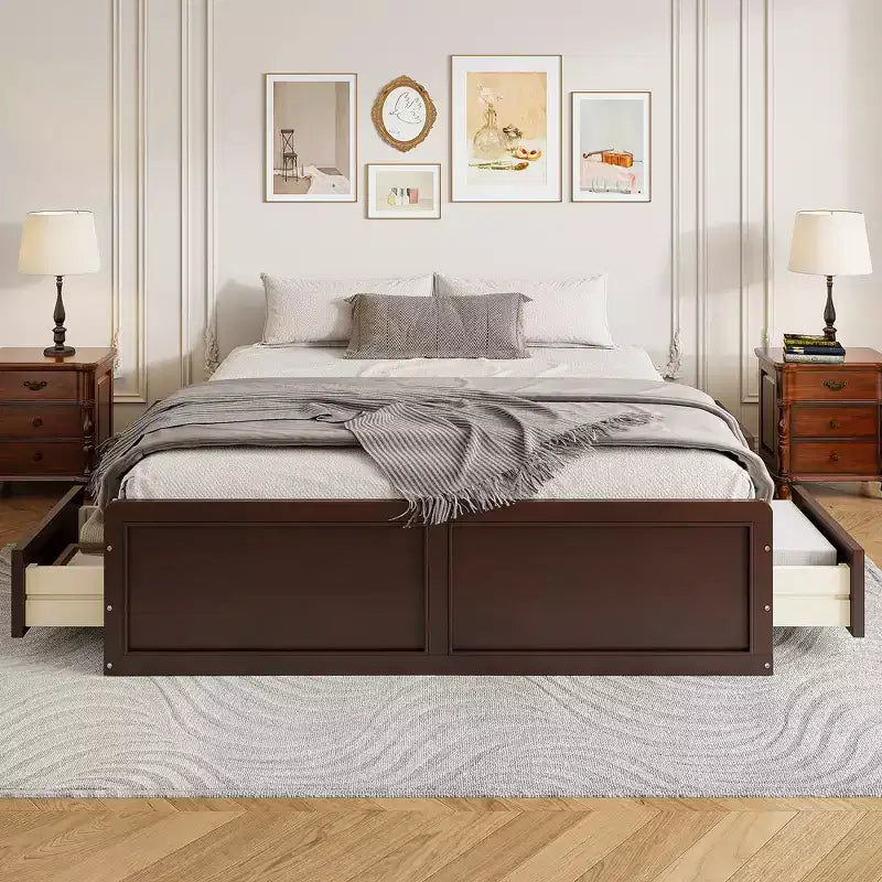 Lit plateforme en bois de taille Queen avec 6 tiroirs de rangement