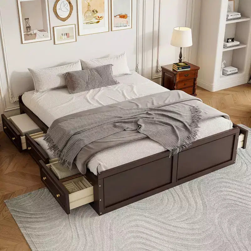 Whisen Queen Size Wood Platform Bed Frame with 6 Drawers