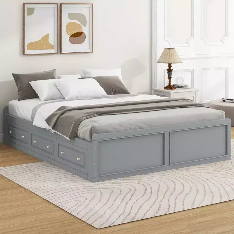 Lit plateforme en bois de taille Queen avec 6 tiroirs de rangement