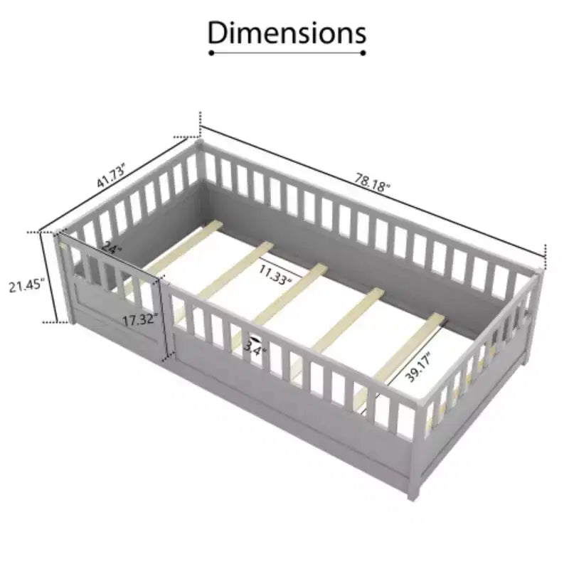 Lit simple à plate-forme basse avec design intégré, barrière ultra-sécurisée et porte