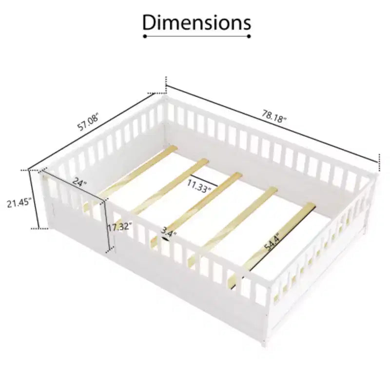 Lit simple à plate-forme basse avec design intégré, barrière ultra-sécurisée et porte